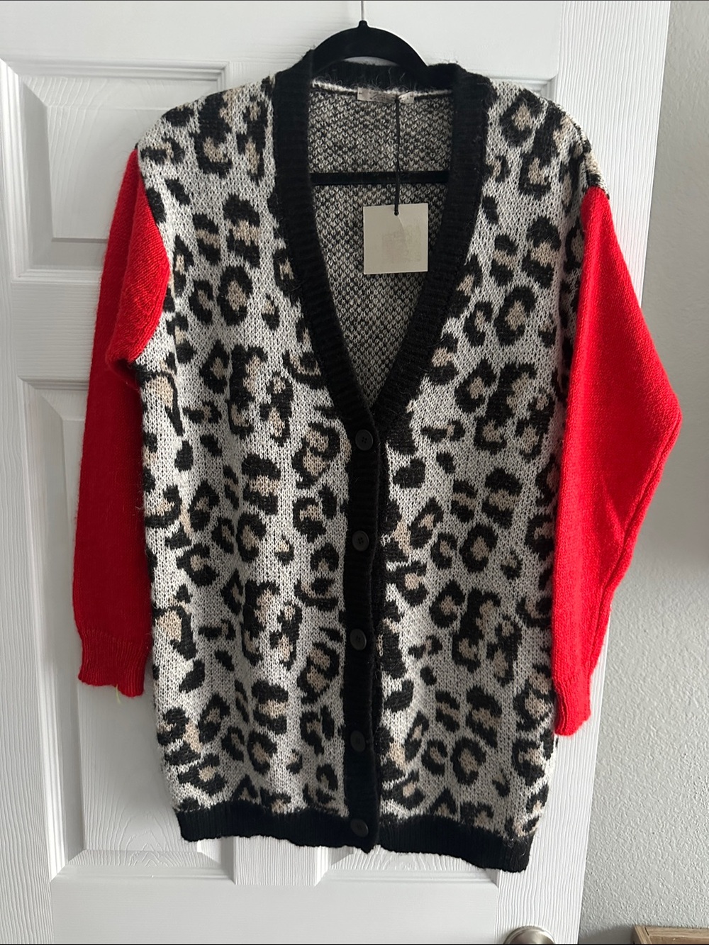Niccolai Leopard Print Button-Front Cardigan with Red Sleeves